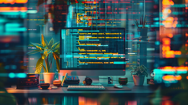 Programming developing software application. programmer writing program code with two monitors and working hacker on a new software