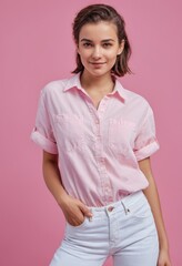 A woman is wearing a pink shirt and white jeans. She is smiling and posing for the camera