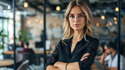 An elegant and powerful woman, surrounded by her team in a contemporary office space, conveying authority and ambition as a startup CEO - obrazy, fototapety, plakaty