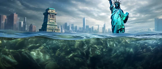 Keuken foto achterwand Vrijheidsbeeld The Statue of Liberty is under water after the sea ..