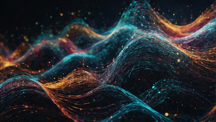 Digital artwork featuring abstract waves of data particles, intricately connected by lines and dots, evoking a sense of technological advancement.