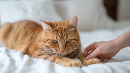 Obraz premium Hand playing with the Cat on a white bed