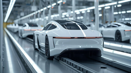White electric sports cars lined up on a production conveyor in a bright, modern automotive factory.