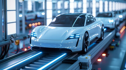 Blue electric sports car rides along a high-tech assembly track inside a contemporary automotive factory.