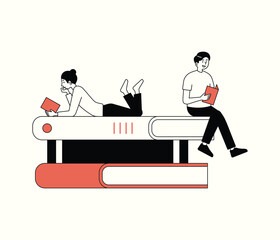 There are huge books piled up and small people are reading books around. flat design style minimal vector illustration