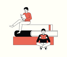 There are huge books piled up and small people are reading books around. flat design style minimal vector illustration