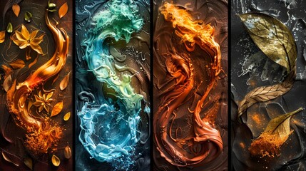 Elements of fire, water, earth and air in high textile