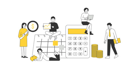 financial management banner. There are expert characters around a large calculator, a calendar, and a pile of money.