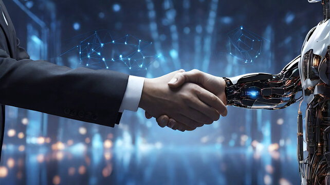 Shaking hands with a digital partner in front of a futuristic background. Artificial intelligence and machine learning process for the fourth industrial revolution.