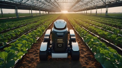 An autonomous tractor navigates through a sunlit greenhouse, moving between rows of lush green...