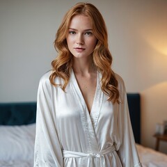 A woman in a white robe stands in front of a bed. The robe is long and white, and the woman's hair is long and red. The room is dimly lit, and there is a bed in the background