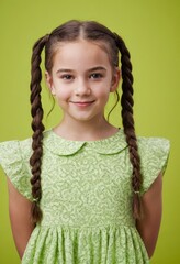 A young girl in green dress is smiling. She has her hair in pigtails