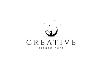 Vector logo design of a silhouette of a child sitting fishing on a crescent moon with stars above it - obrazy, fototapety, plakaty