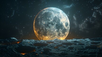 Serene lunar landscape with glowing horizon, digital art. surreal moonrise over tranquil sea, conceptual scene. AI - obrazy, fototapety, plakaty