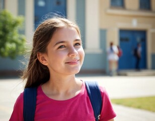 A girl wearing a pink shirt and blue backpack is smiling. She is standing in front of a school