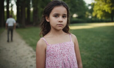 A young girl is standing in a park wearing a pink dress. She is looking at the camera with a serious expression
