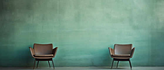 Two armchairs and green concrete wall background ..