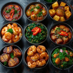 variety of seafood dishes in plates