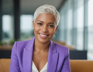 An african american woman in a purple jacket and white shirt is smiling.