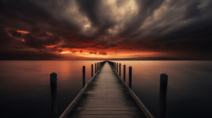 a dock leading to the water - obrazy, fototapety, plakaty