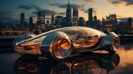 Futuristic car with transparent parts on city backdrop 