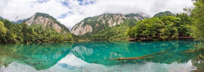 Beautiful view of the blue lake of Wolong Sea in Jiuzhaigou, Sichuan, China