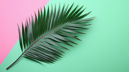 Obraz premium Palm tree with tropical leaves on a green background with a place for text. The concept of recreation, tourism and sea travel.