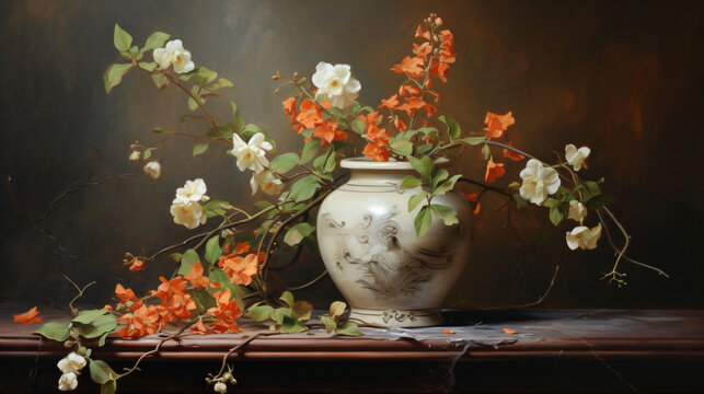Vase with flowering ivy branches. Oil painting on canvas