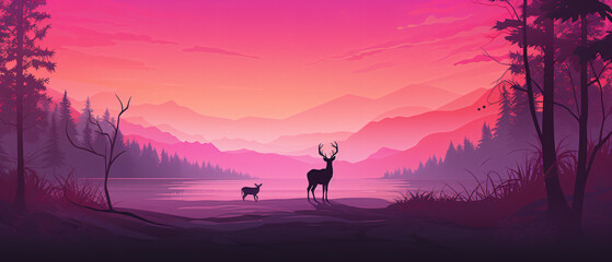 Vector nature illustration with deer soft gradient .. - obrazy, fototapety, plakaty