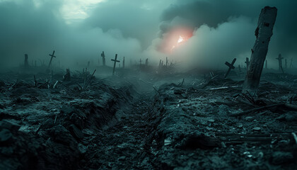 A desolate landscape with a field of crosses and a large, glowing cross - obrazy, fototapety, plakaty