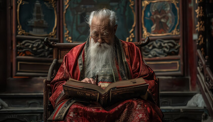 An old man in a robe is reading a book