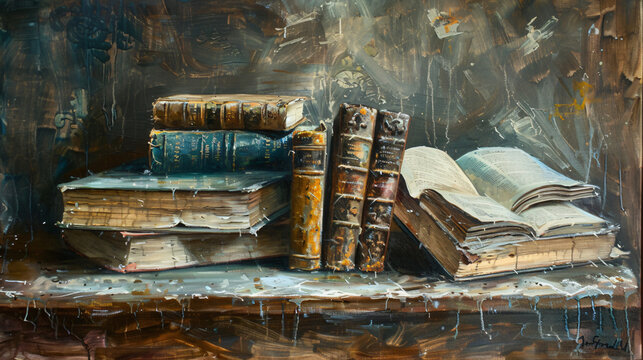 Very old books on the table oil painting ..
