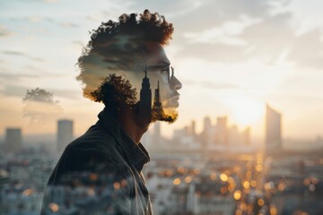 Creative double exposure portrait of man with cityscape.