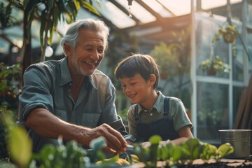 Elderly man and young boy gardening together, sharing a joyful moment in a greenhouse