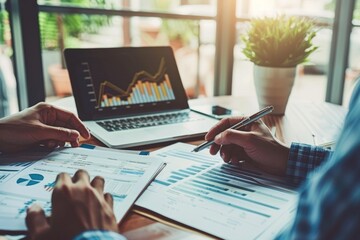 Team analyzes financial charts on laptop, focus on hands and documents, strategic planning.