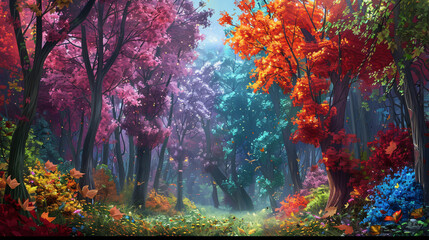 Vibrant and lush forest scene with a variety of colors