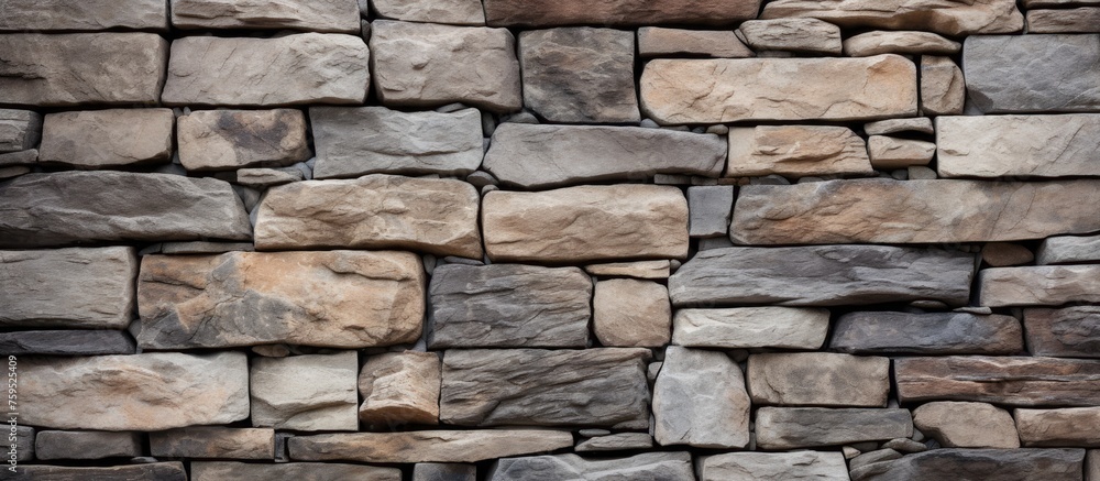 Poster a detailed shot of a stone wall constructed with a multitude of rectangular bricks, showcasing the c