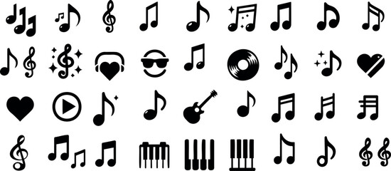 musical notes and symbols, including creative heart and smiley shapes, isolated on a white background. Perfect for music education and compositions