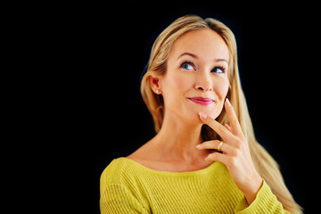 Dark background, smile and woman with plan, thinking and idea for story of fantasy for author in...