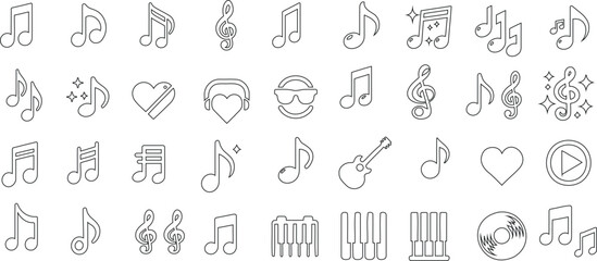 Musical notes, line art icons, music note vector illustration. Perfect for music apps, websites, print. Elegant, modern design featuring various musical symbols and instruments