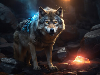Glowing Wolf on Rocky Terrain with Aura