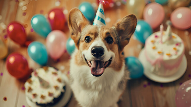 Cute dog in carnival party hat celebrating birthday on horizontal banner with space for text,Funny portrait of cute smilling puppy dog border collie wearing birthday silly hat,international pet day

