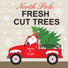 Christmas card design with cute santa and christmas tree in the red truck