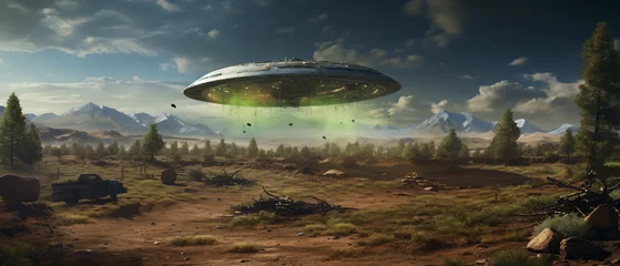 Rolgordijnen Vintage Flying saucer UFO crash site with green alien © Black