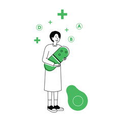 Web page banner promoting vitamins. People are holding large vitamin pills and collecting them in vitamin barrels. Food is decorated around.