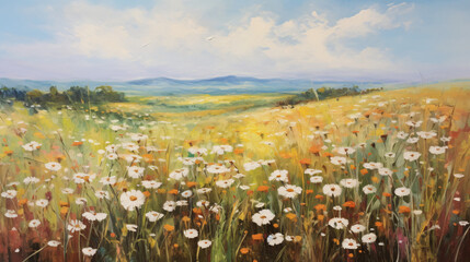 Vintage Oil Painting of Wildflower Field