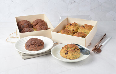 gourmet freshly bake golden Texas chocolate pope tea honey biscuit bun cake scone milk butter bread in square bento wood box on white marble table rose gold fork knife pastry halal dessert vegan menu