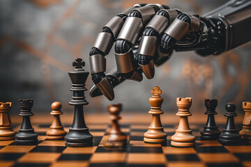 Closeup of hand of AI robot playing chess