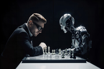 Businessman and AI robot playing chess. Concept of human and robot war in future - obrazy, fototapety, plakaty