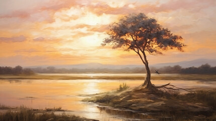 Vintage oil painting sunset lonely tree nature landscape